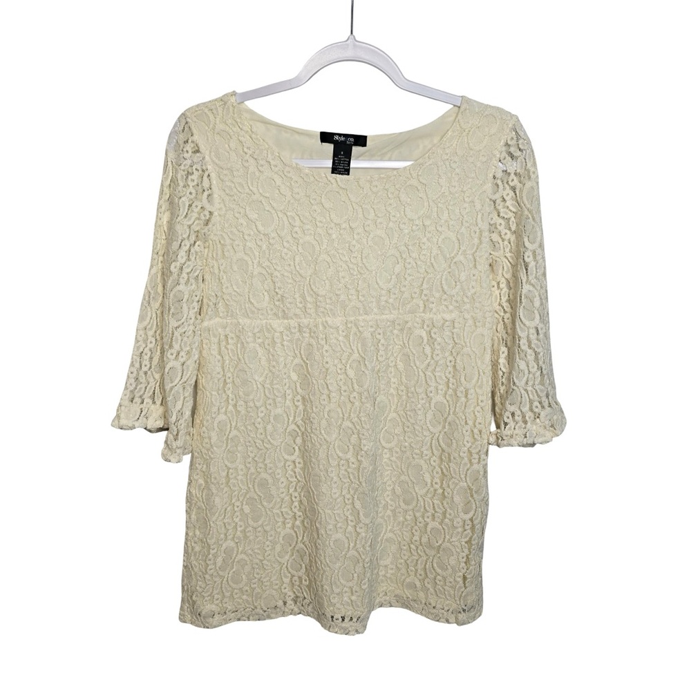Style & Co Petite Lace Tunic Top Cream Ivory 3/4 Sleeve Lined Small‎